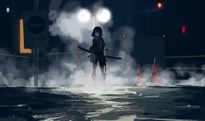 Girl with katana in a smoky, dark alley