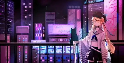 Girl with katana on balcony overlooking neon city