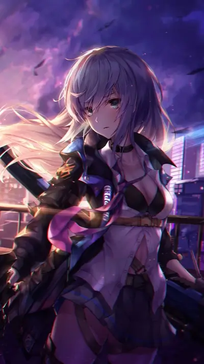 Girl with katana standing on rooftop at night