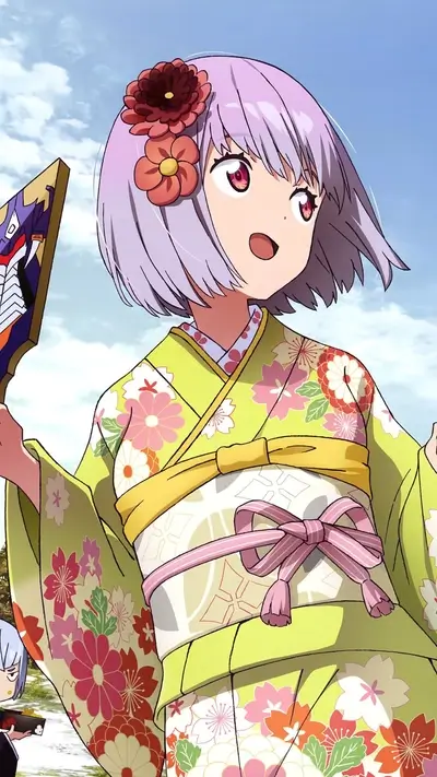 Girl with kimono, floral hair ornaments, and expression of joyful surprise