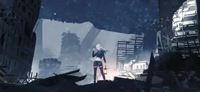 Girl with lantern stands amidst ruins, butterfly on hand, birds flying around, atmosphere of desolation