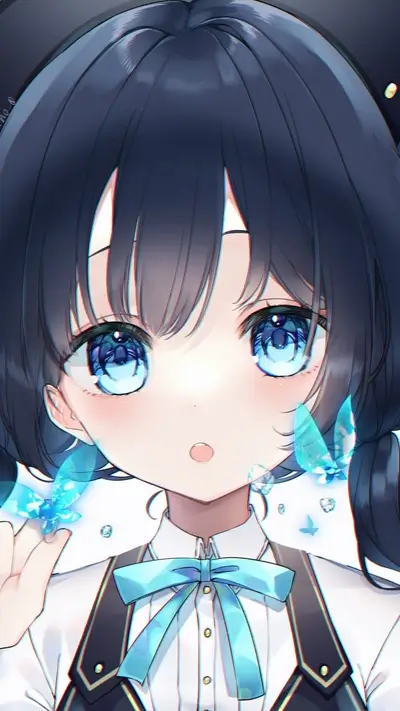 Girl with large, bright blue eyes and glowing butterflies