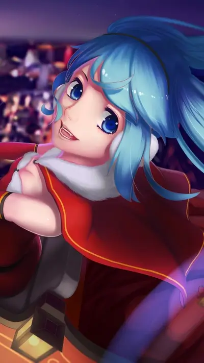 Girl with light blue hair and red cape, looks up smiling