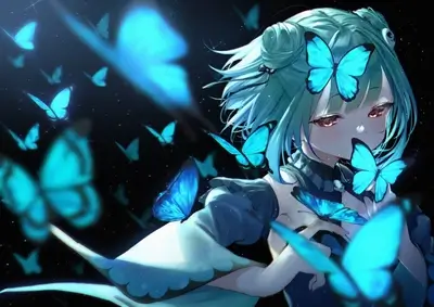 Girl with light blue hair, butterflies fluttering around her, eyes captivating