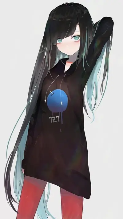 Girl with long black and teal hair wearing a black hoodie