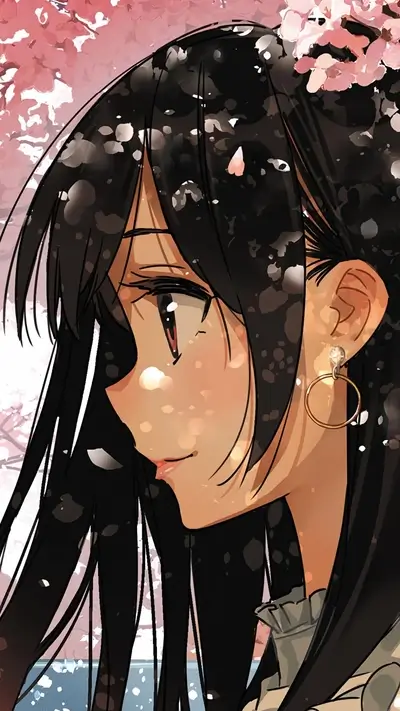 Girl with long black hair, cherry blossoms