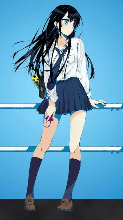 Girl with long black hair leaning on a wall