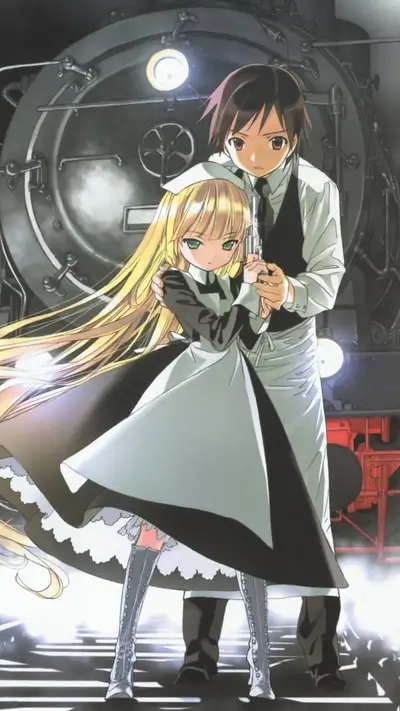 Girl with long blonde hair and a boy in a white shirt standing in front of a train