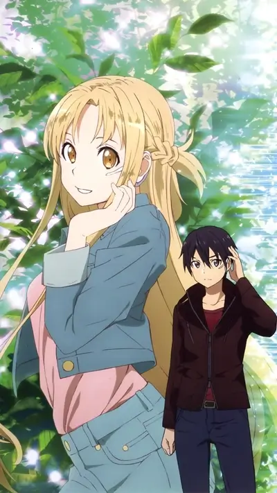 Girl with long blonde hair and boy with dark hair standing in a green forest