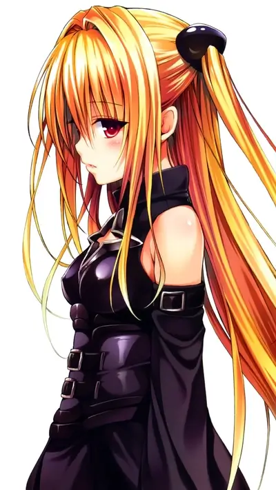 Girl with long blonde hair in dark clothing