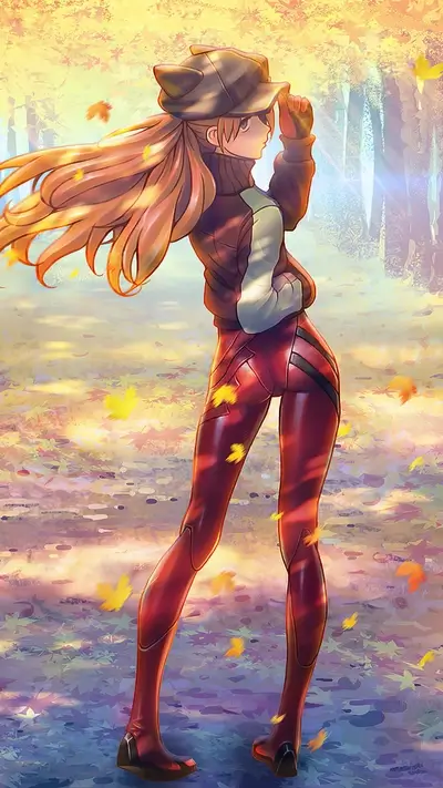 Girl with long blonde hair in red tights, standing in autumn