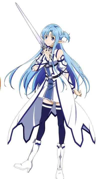 Girl with long blue hair and a sword