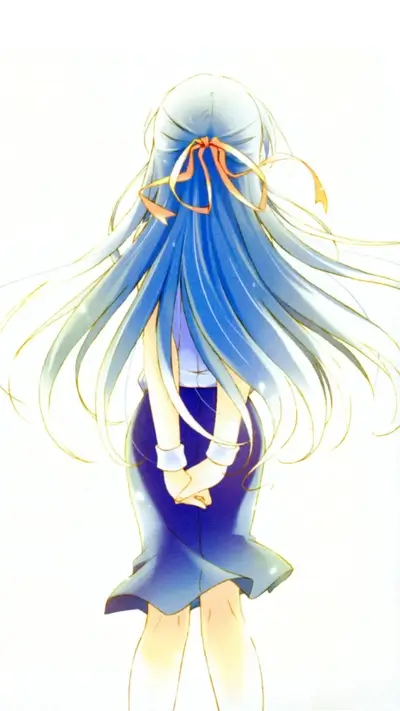 Girl with long blue hair, back view