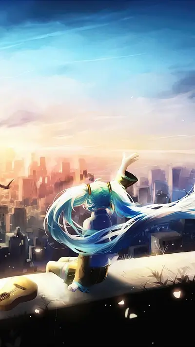 Girl with long blue hair gazes at cityscape, guitar beside, arms raised