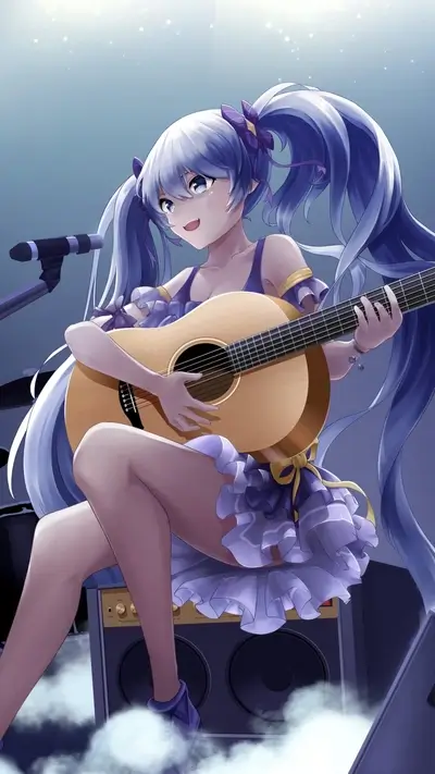 Girl with long blue hair playing guitar on stage