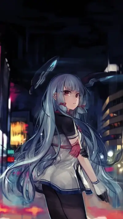 Girl with long blue hair standing in a city at night