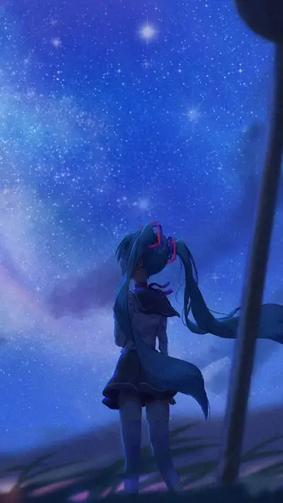 Girl with long blue hair standing under a starry night sky