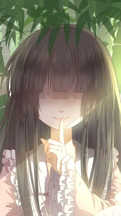 Girl with long brown hair under bamboo leaves