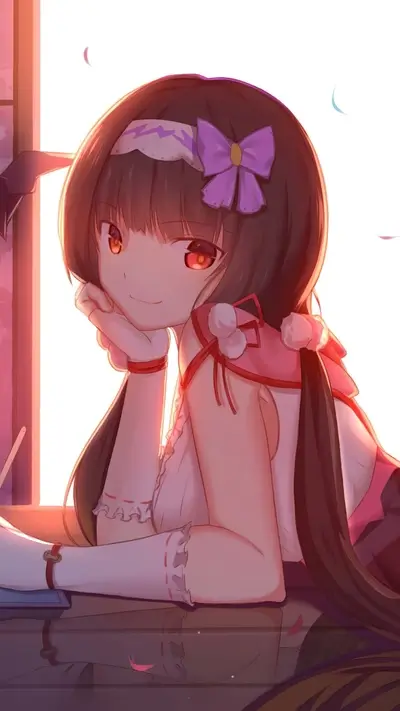 Girl with long dark hair and purple bow