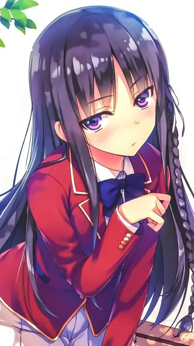 Girl with long dark hair and violet eyes in red uniform