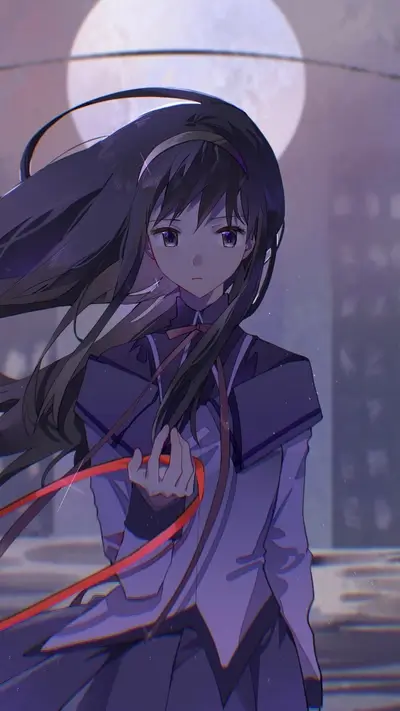 Girl with long dark hair, red ribbon, and purple outfit