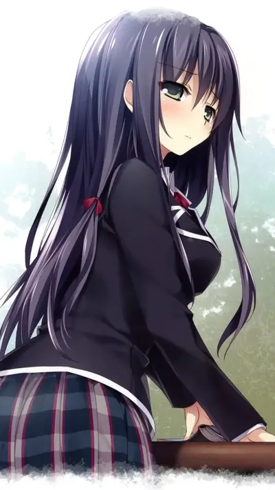 Girl with long dark hair, school uniform, and slightly upset expression