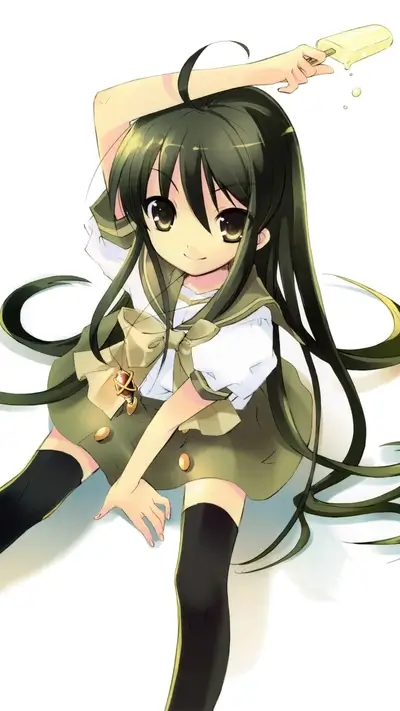 Girl with long dark hair sitting, holding a melting popsicle
