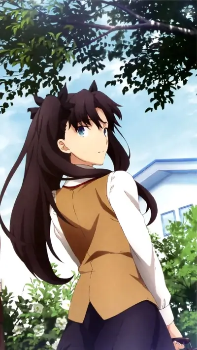Girl with long dark hair standing outdoors, looking away