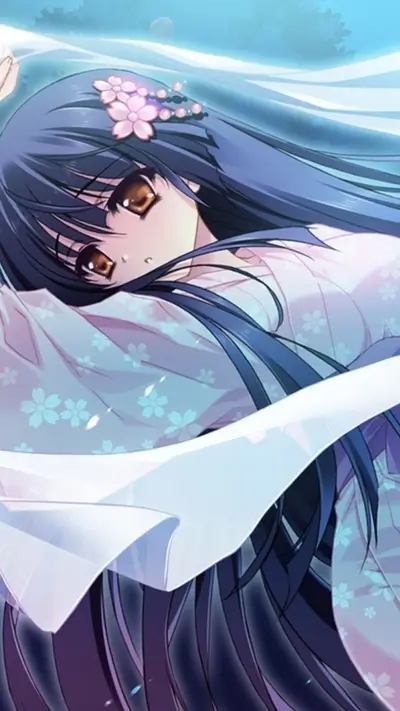 Girl with long dark hair, wearing a floral kimono and hair ornaments