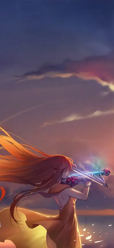 Girl with long hair playing a glowing violin
