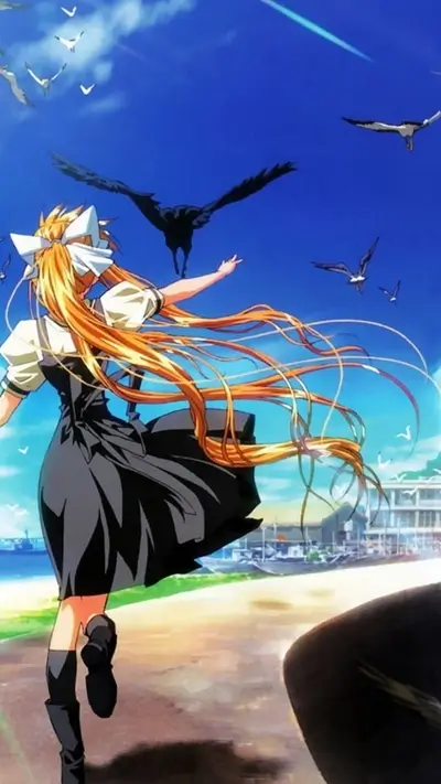Girl with long hair running towards the sea