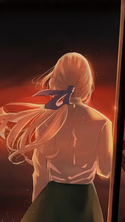 Girl with long hair standing near a door