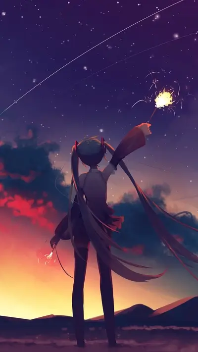 Girl with long hair watching fireworks