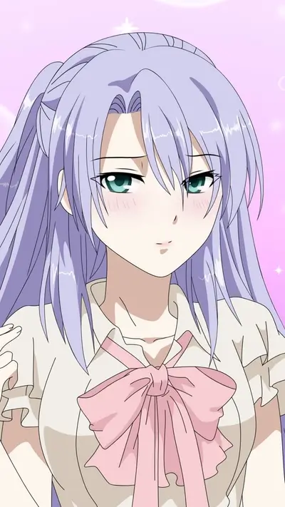 Girl with long lavender hair and pink bow, blush on her cheeks