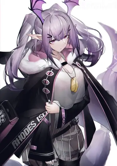 Girl with long light purple hair, bat wings and serious expression