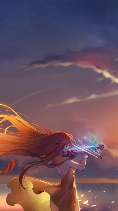 Girl with long orange hair playing a glowing violin under a sunset sky