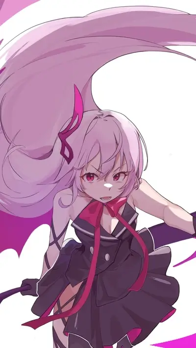 Girl with long pink hair and magenta eyes, looking menacing