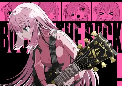 Girl with long pink hair playing Gibson guitar