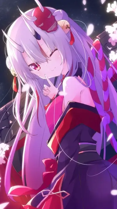 Girl with long purple hair, oni mask, and red and purple kimono