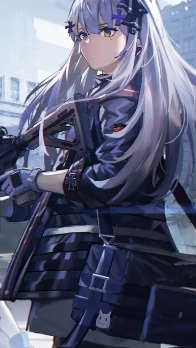 Girl with long silver hair holding a gun