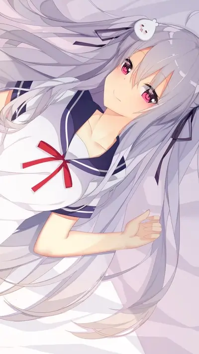 Girl with long silver hair lying on a bed
