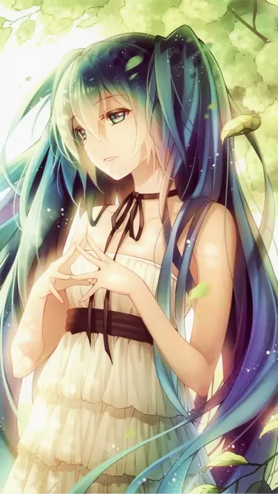 Girl with long teal hair in a summer dress