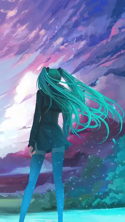 Girl with long teal hair standing in a field