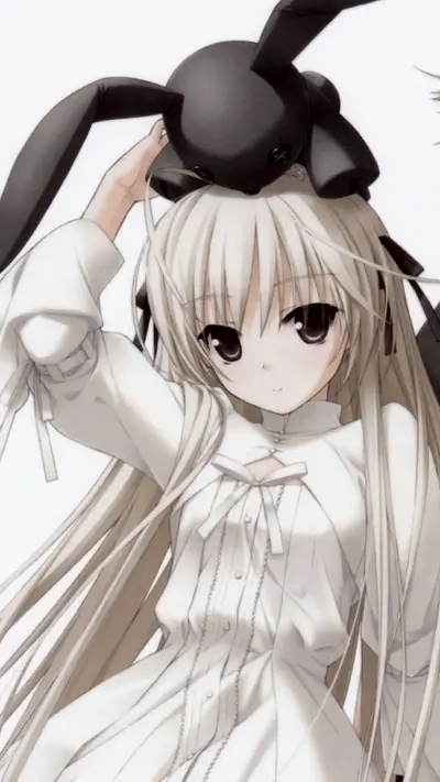 Girl with long white hair and black bunny ears