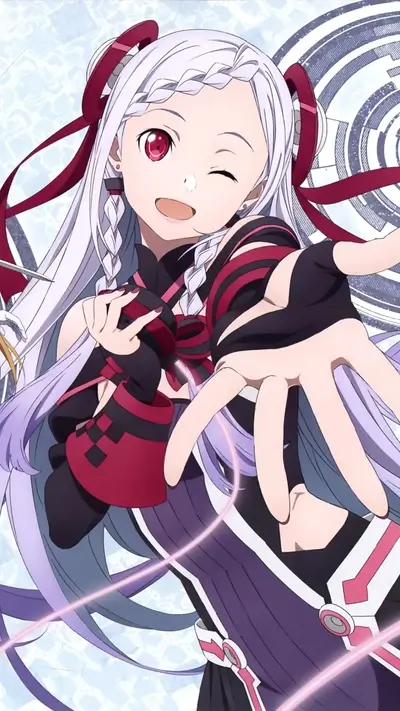 Girl with long white hair and red accents, reaching out