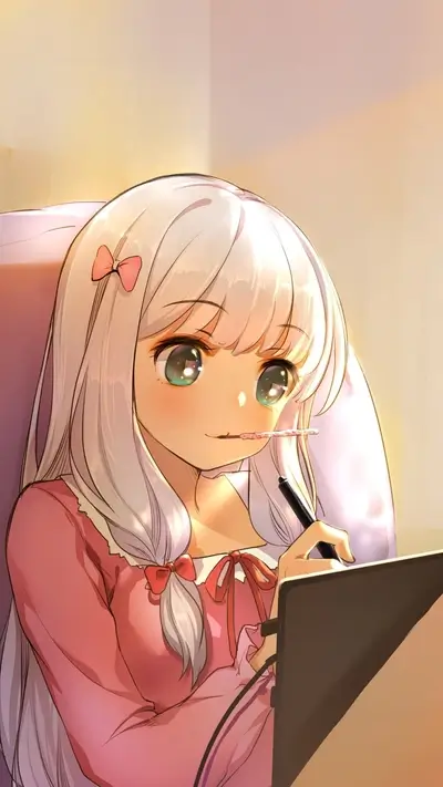 Girl with long white hair drawing on a tablet