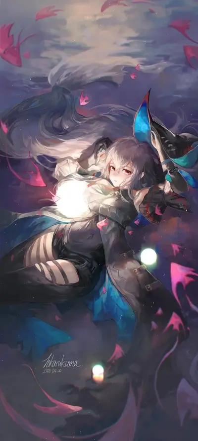 Girl with long white hair floating in space
