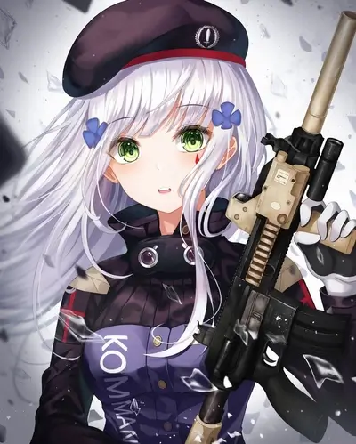 Girl with long white hair holding a rifle