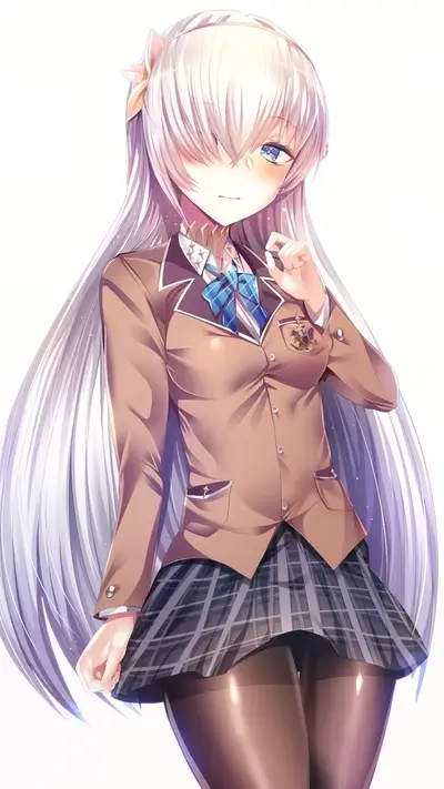 Girl with long white hair in brown uniform