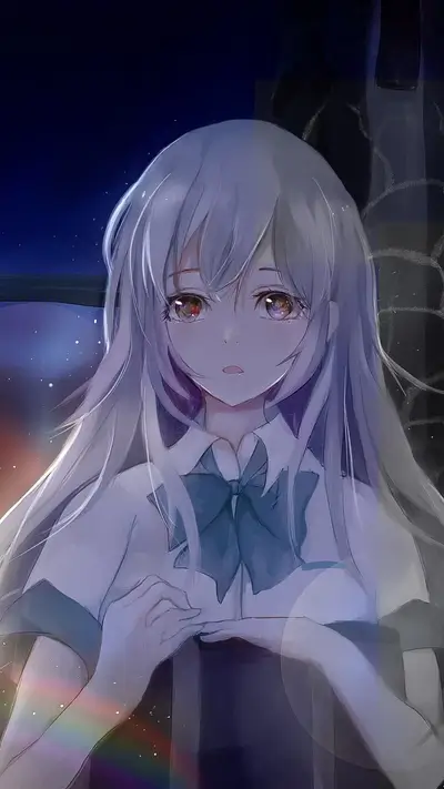 Girl with long white hair, looking sad and contemplative
